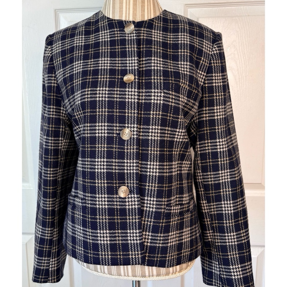 Vintage 80s 90s Rena Rowan Saville Pure Wool Glen Plaid Collarless Blazer 12/14